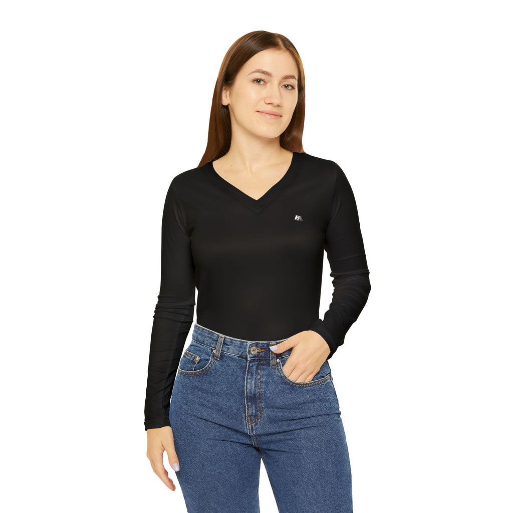 HA Women’s  V-Neck Long Sleeve Black Top