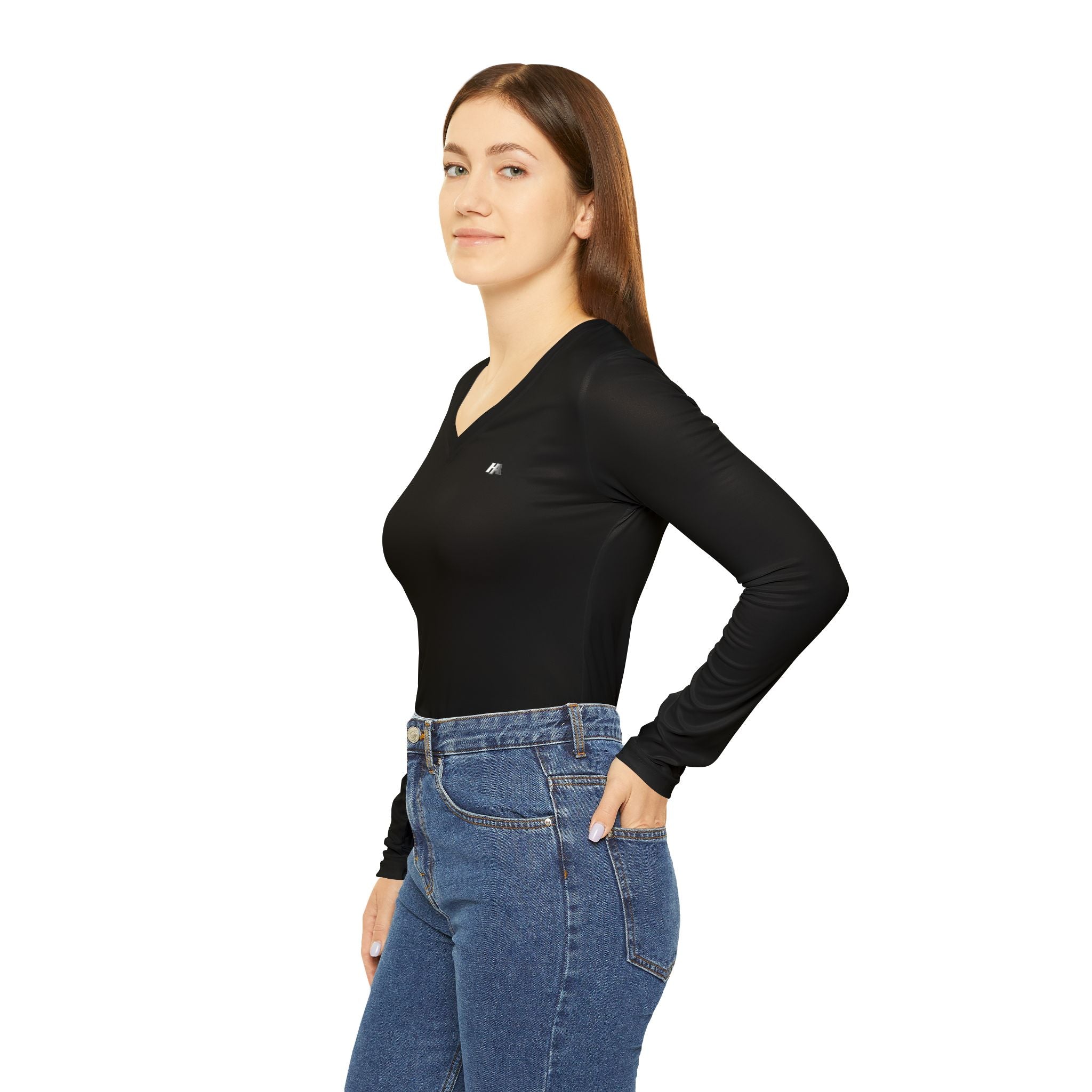 HA Women’s  V-Neck Long Sleeve Black Top